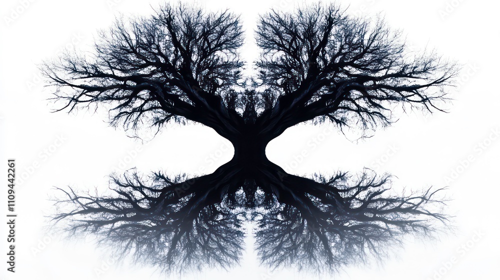 Poster symmetrical black and white image of a leafless tree mirrored, creating an abstract, almost mystical