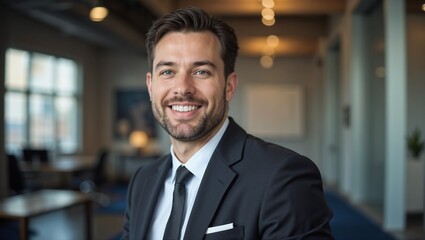 Fototapeta premium Business management consultant in black suit smiling