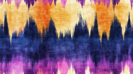 Colorful ethnic tie dye print featuring seamless ikat and watercolor designs in gold indigo and purple perfect for wallpaper or fabric use