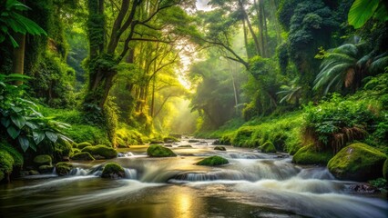 Obraz premium Bwindi Impenetrable Forest River, Uganda: Stunning Bokeh Photography, Lush Rainforest, Wildlife Habitat