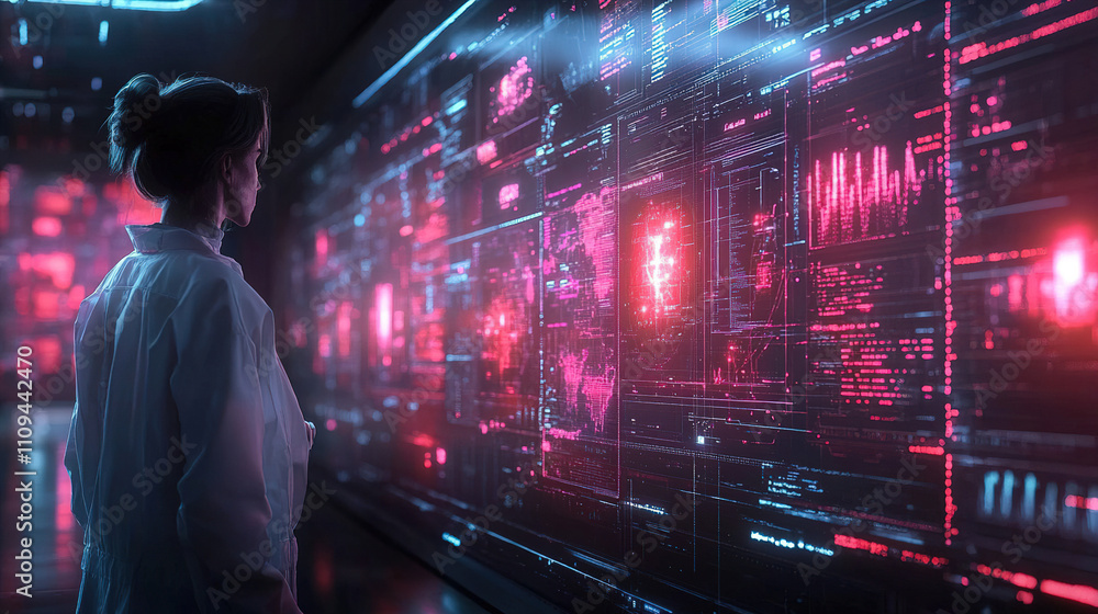 Poster scientist analyzes advanced digital data in a high-tech laboratory environment at night. generative 