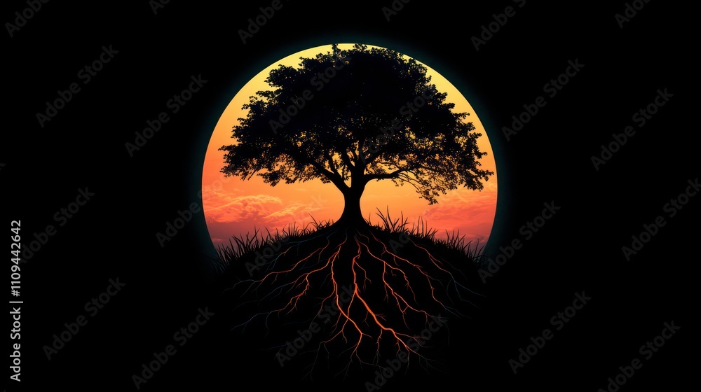 Poster Silhouette of a tree with roots against a sunset-colored circle.