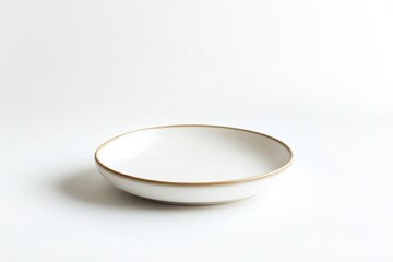 Minimalistic white plate with golden rim on plain background