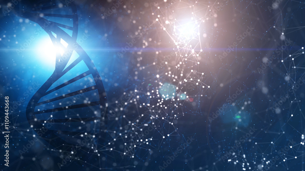 Poster abstract digital dna molecule on futuristic shiny light with lines and dots copy space illustration 