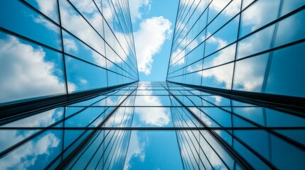 A minimalist glass tower, viewed from the ground, showing clean reflections of the sky


