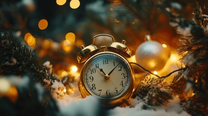 An alarm clock nestled among festive decorations and lights.
