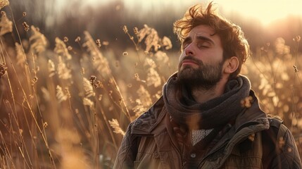Obraz premium Serene man breathes deeply in autumnal field, enjoying sunset.