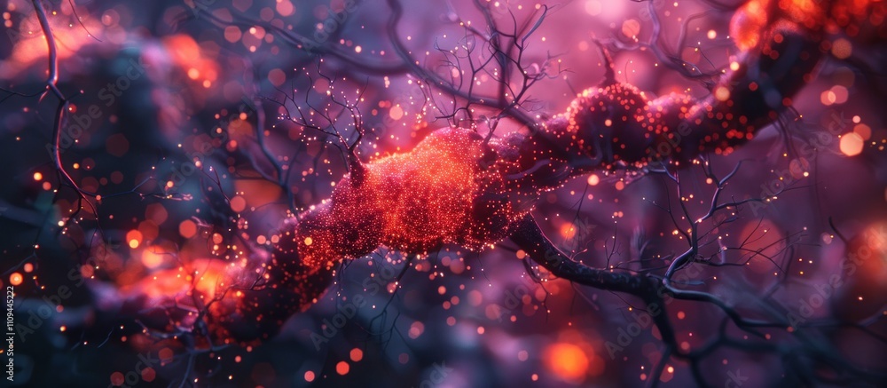 Poster microscopic view of inflamed nerve cells with glowing particles.