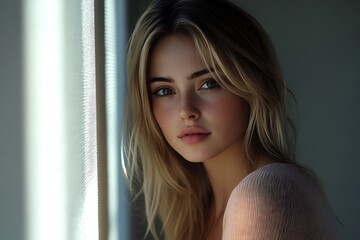 Naklejka premium Young Model Pensive Gaze Rosy Cheeks Smooth Complexion