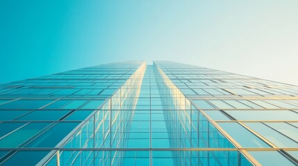 A towering office building made entirely of glass, reflecting a clear sky, captured from a low perspective