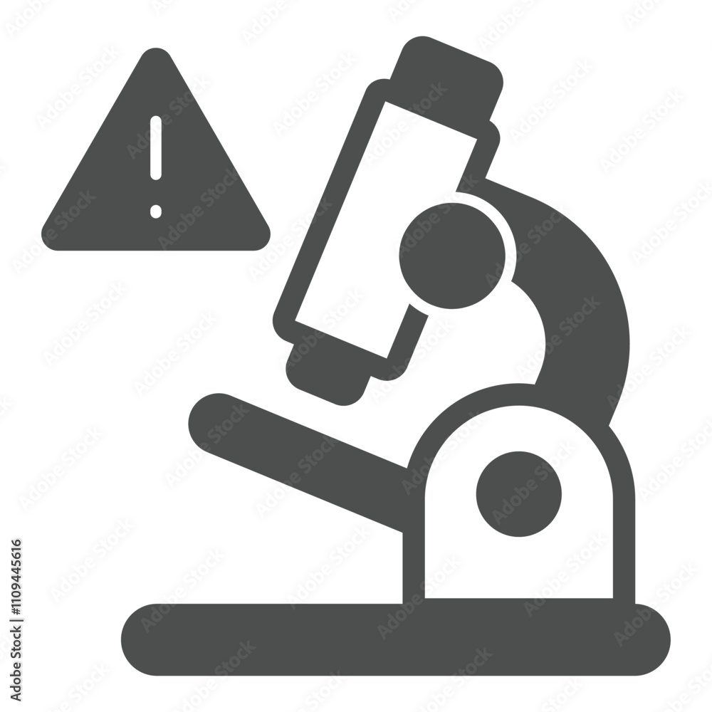 Poster microscope with warning solid icon, laboratory test concept. vector graphics. lab test danger sign o