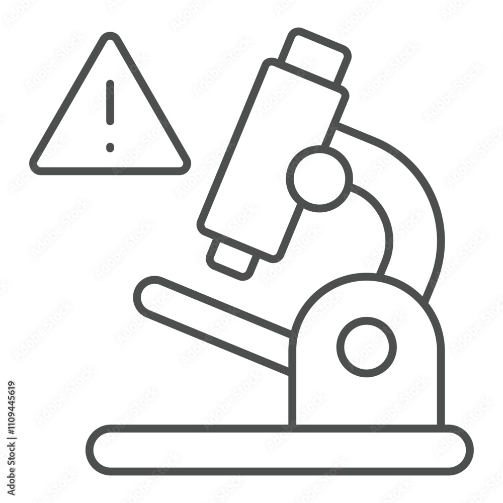 Poster microscope with warning thin line icon, laboratory test concept. vector graphics. lab test danger si