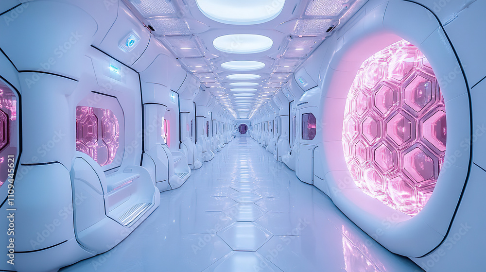 Poster futuristic corridor with glowing panels and translucent walls in a high-tech environment. generative