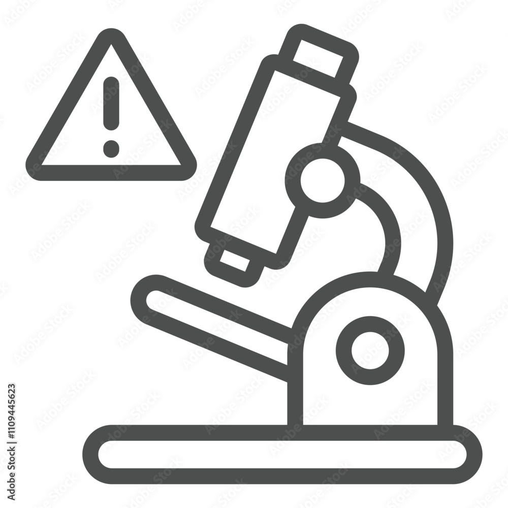 Poster microscope with warning line icon, laboratory test concept. vector graphics. lab test danger sign on