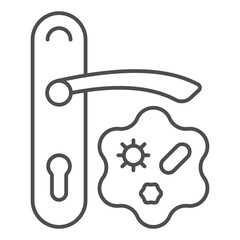 Doorknob with bacteria thin line icon, coronavirus concept. Vector graphics. Door handle with virus sign on white background, outline style icon for mobile or web design.