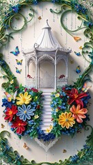 Quilling-style illustration of a decorative gazebo surrounded by vibrant flowers and butterflies