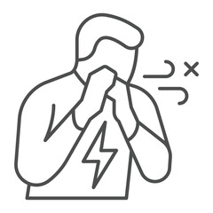 Person cough and sneeze thin line icon, illness danger concept. Vector graphics. Man with flu virus sign on white background, outline style icon for mobile or web design.