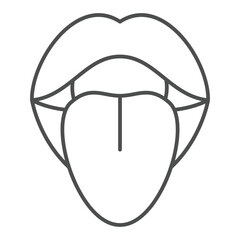 Inflamed mouth with tongue thin line icon, illness danger concept. Vector graphics. Woman open mouth lips sign on white background, outline style icon for mobile or web design.
