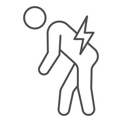 Human with pain thin line icon, stiffness when walking concept. Vector graphics. Man bent and lightning sign on white background, outline style icon for mobile or web design.