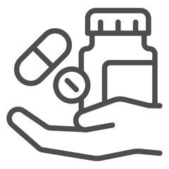 Capsule jar on hand line icon, medical supplies concept. Vector graphics. Medicine pill drug sign on white background, outline style icon for mobile or web design.