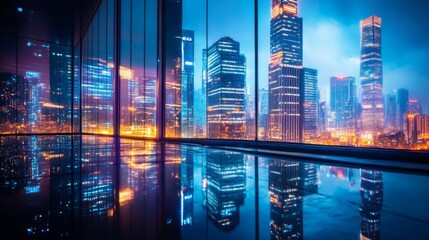 Night cityscape view from modern office building with city lights reflection on wet floor.