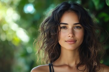 Naklejka premium Young Model with Healthy Glow, Natural Makeup, Bokeh Background