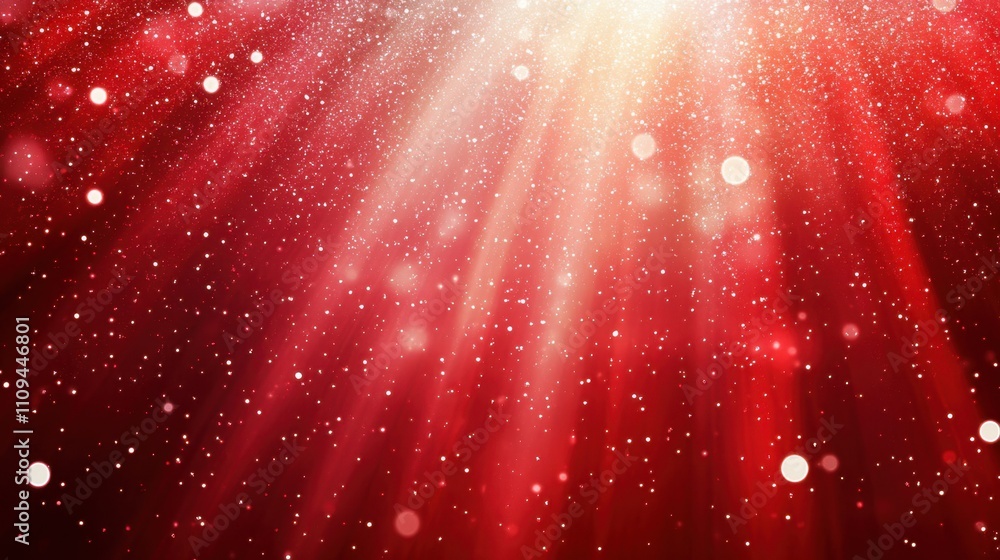 Poster shimmering red background with light rays and soft bokeh effect