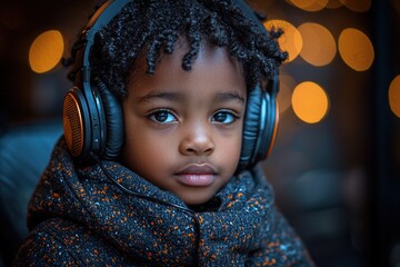 A young African American boy wearing headphones, sitting at a desk with a tablet and notebook, focusing on his homeschool lesson