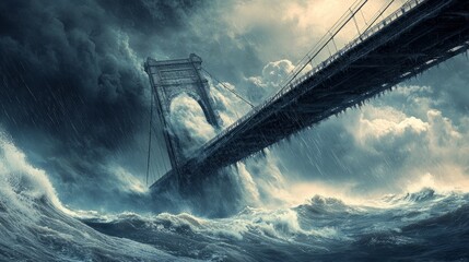 A towering suspension bridge over a stormy sea, waves crashing against the massive pillars below