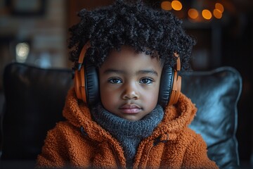 A young African American boy wearing headphones, sitting at a desk with a tablet and notebook, focusing on his homeschool lesson