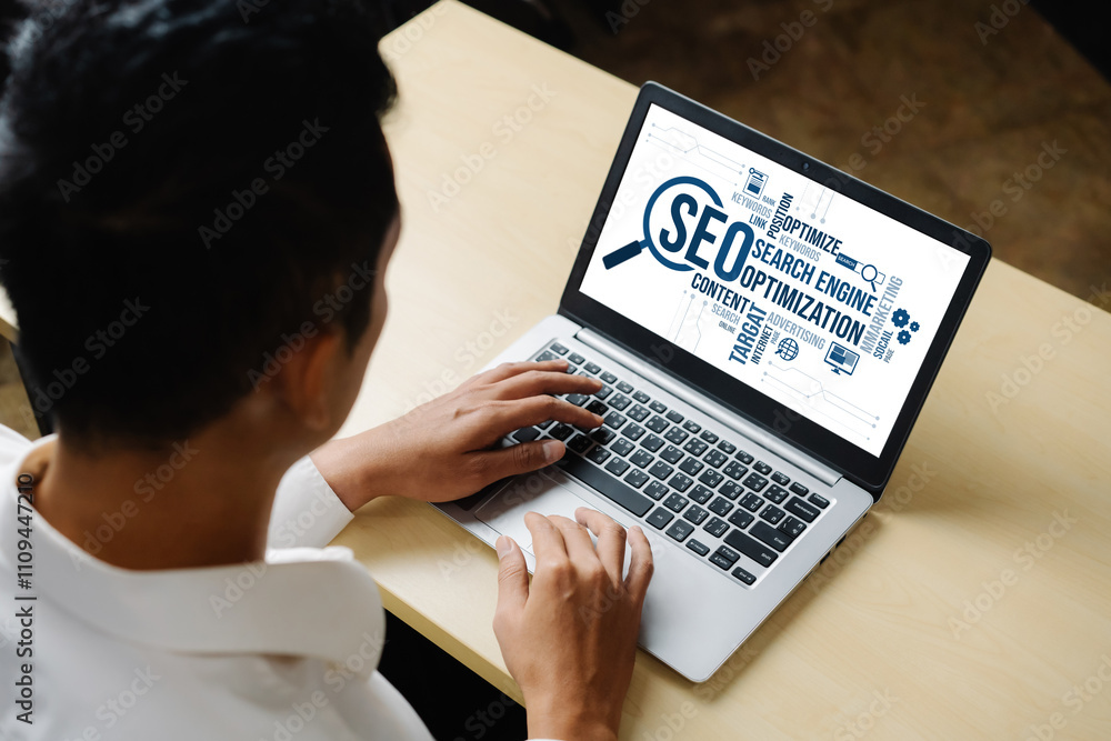 Poster seo search engine optimization for modish e-commerce and online retail business showing on computer 