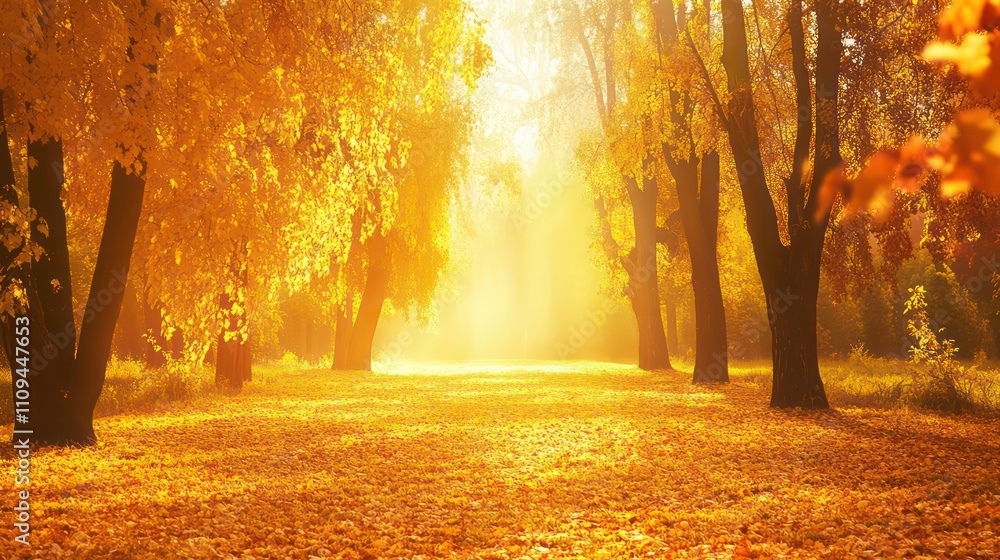 Poster Sunlit autumn path through golden foliage trees in a park.