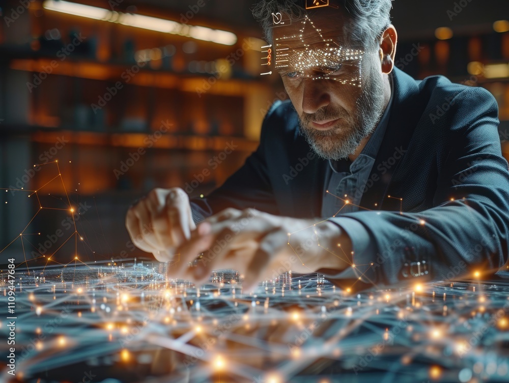 Poster a man interacts with a digital network display, emphasizing technology and innovation.