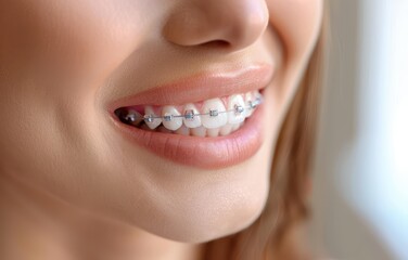 Obraz premium A close-up of a smiling woman showcasing her braces, emphasizing her bright teeth and healthy smile.