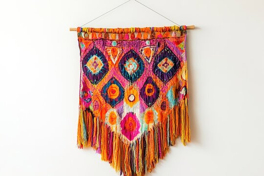 Brightly colored handmade wall hanging with tassels.