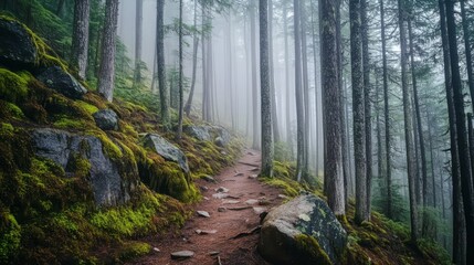 Obraz premium A trail through a foggy mountain forest, with moss-covered rocks and towering pines