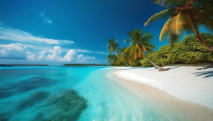 Breathtaking Maldives island paradise with white sand, coconut palms, and azure waters invites relaxation and inspires awe