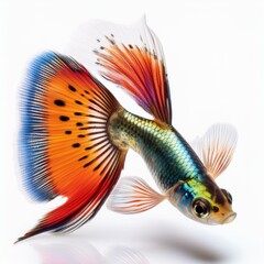 Fototapeta premium collection of colorful guppy fishes displayed on a white background, showcasing their vibrant patterns and graceful aquatic motion