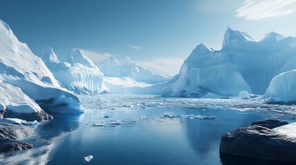 A vast icy landscape in Antarctica with towering glaciers, no people