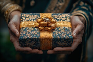 A happy Hindu husband in a traditional kurta giving a beautifully wrapped gift box to his smiling wife, dressed in a saree, during a festive occasion at home