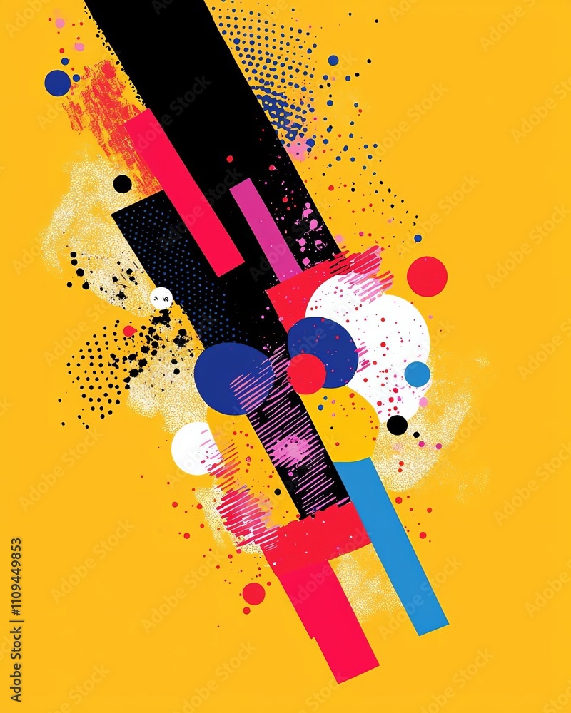 Poster vibrant abstract artwork featuring colorful shapes and dynamic patterns on a yellow background.