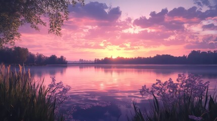Fototapeta premium Serene sunset over calm lake, reflected colors in water, plants in foreground.