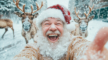 Jolly Santa Claus with Reindeer in Snowy Winter Wonderland. A perfect Christmas greeting card image, full of festive cheer and holiday spirit!