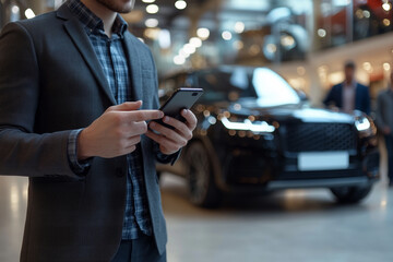 businessman using smartphone while standing in modern showroom, showcasing luxury cars. atmosphere is professional and stylish, highlighting innovation and technology