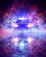Naklejka premium Flashing siren lights on emergency vehicles with overlay effect amidst fog on dark night background