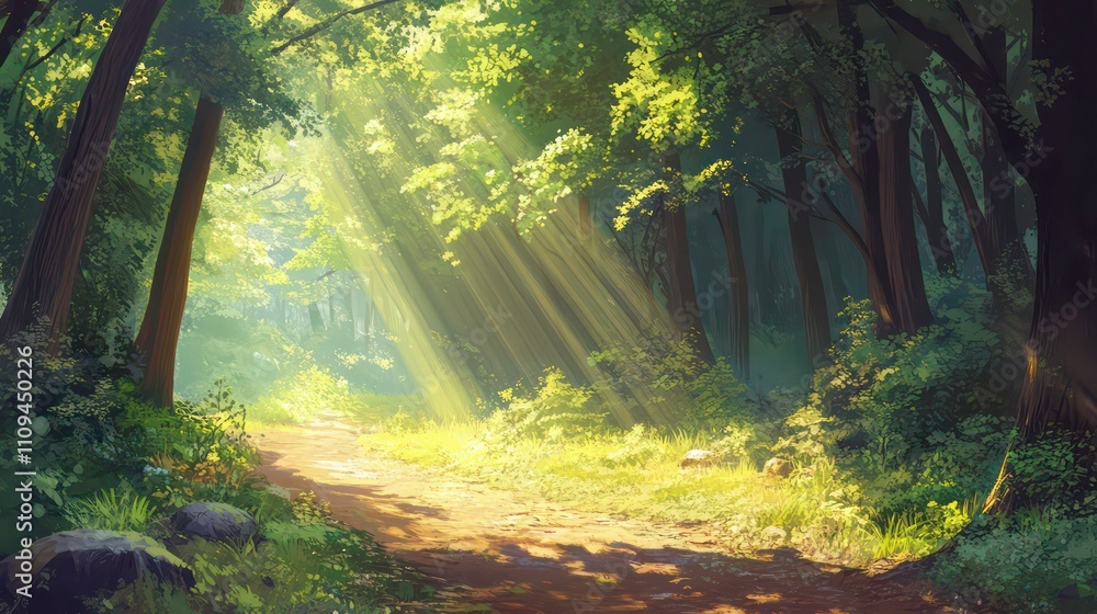 Poster sunbeams illuminate a path through a lush green forest.