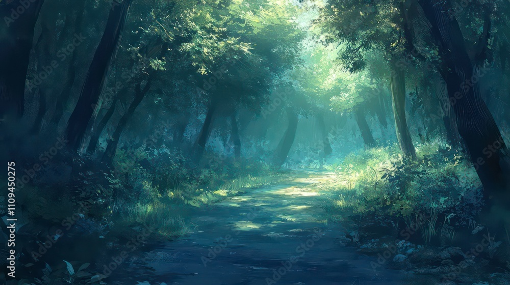 Poster sunlit path through a lush, mysterious forest.