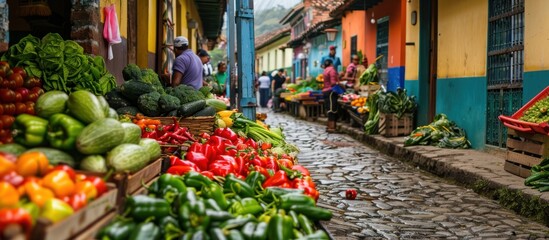 Fototapeta premium Vibrant colorful street market overflowing with fresh produce.