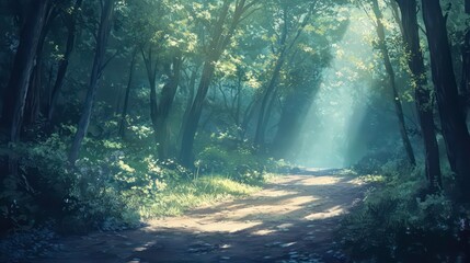 Obraz premium Sunlit path winding through a lush, misty forest.