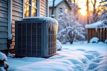 Frosty Heat Pump Challenge. A heat pump unit covered in ice and snow during a cold winter day.